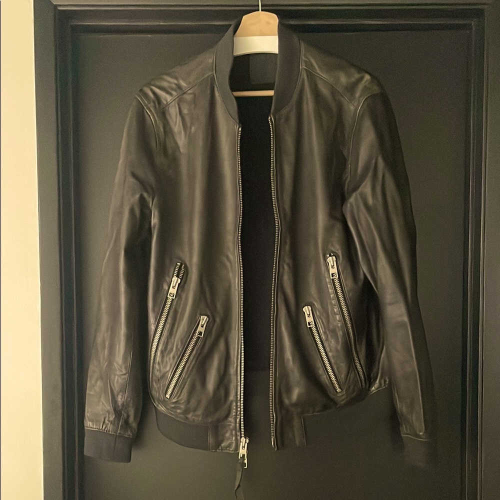 AllSaints Bayham Leather Bomber Jacket, Brown/dark umber